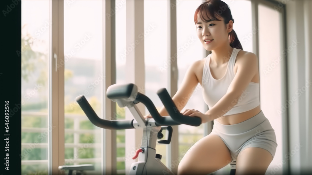 Fototapeta premium cute asian woman cycling for exercise and wellness at home. Concept home gym.