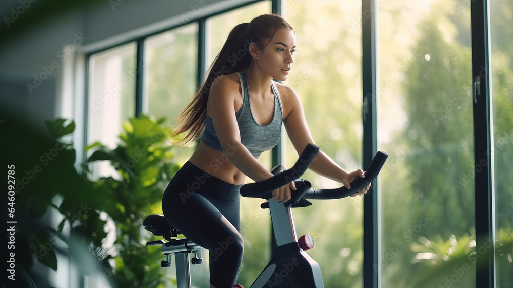 young woman cycling for exercise and wellness at home. Concept home gym.