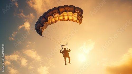 a parachutist in a parachute at sunset. Extreme sport, entertainment. Hobbies and recreation
