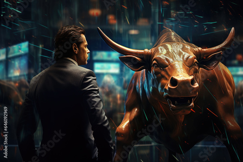 Businessman Stock Broker with Wall Street Bull Statue, Generative AI © illuminating images
