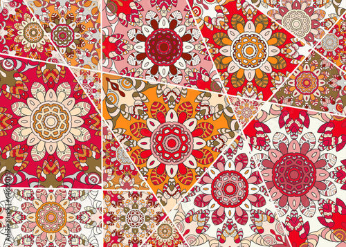 Vector patchwork quilt pattern. Vintage decorative collage. Hand drawn background. Indian, Arabic, Turkish motifs for printing on fabric or paper. Abstract colorful doodle pattern in mosaic style