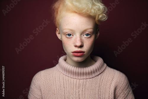 portrait of young albino woman on maroon background, ai generated