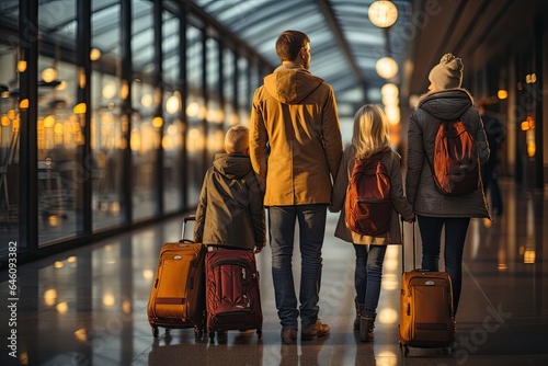 Mother, father and their little children boy and girl arriving after long trip. They are going through airport hall carrying luggage. Copy space in right side. Family vacation photo