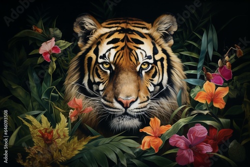 A painting of a tiger surrounded by fauna on a dark background. Generative AI