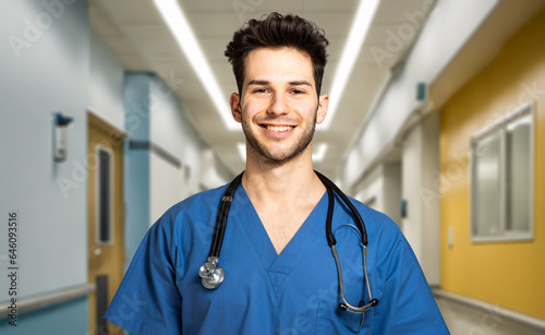 Male nurse smiling in a hospital hallway