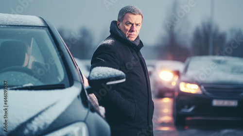 Bad mood, mature man with gray hair, Caucasian, broke down in his car or drove off the road on icy roads, stuck in a ditch and waiting for the tow truck, annoyed and angry