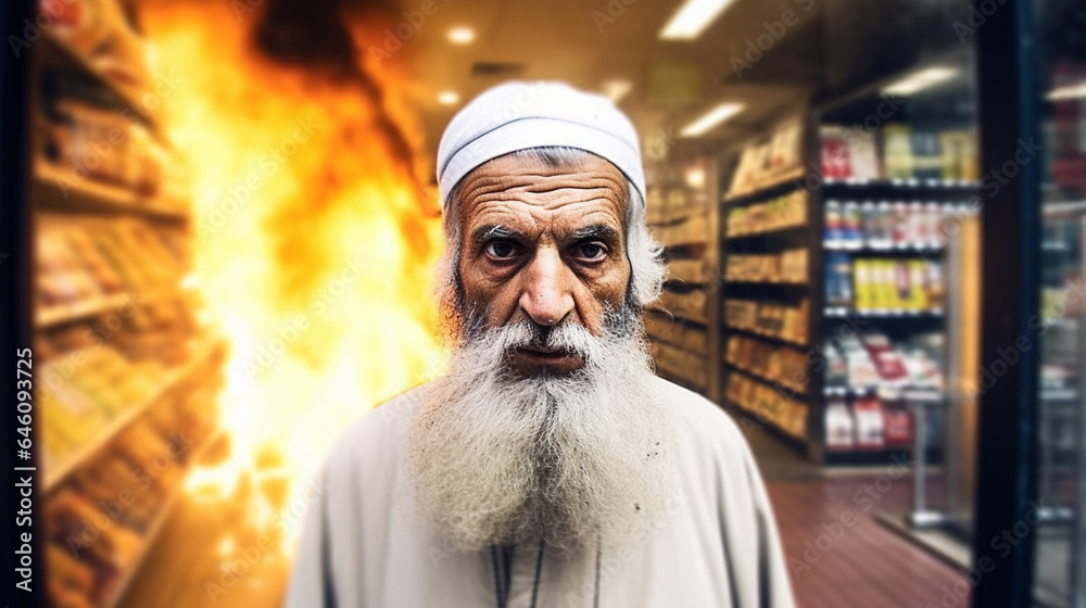 An old Arab man with a headgear, long gray beard, old age, leaves a shop where there is a fire, shelves with newspapers are burning An old Arab man with a headgear, long gray beard, old age, leaves a shop where there is a fire, shelves with newspapers are burning