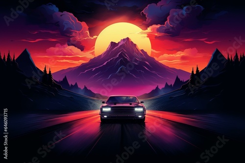 A car drives on a road with mountains under a neon color sky against a dark background. Generative AI