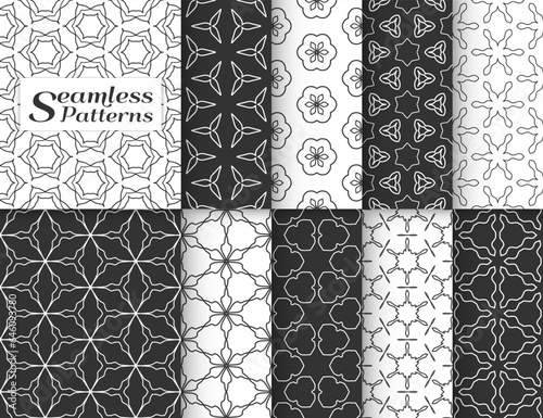 Seamless pattern set in arabic style. Stylish black and white graphic, geometric linear background. Line art texture for wallpaper, card, invitation, banner, fabric print. Ethnic ornament, vector 