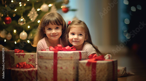 two happy toddlers  toddler girls  two girls or siblings  underage toddler children kids girls  sitting on the floor  surrounded by Christmas presents
