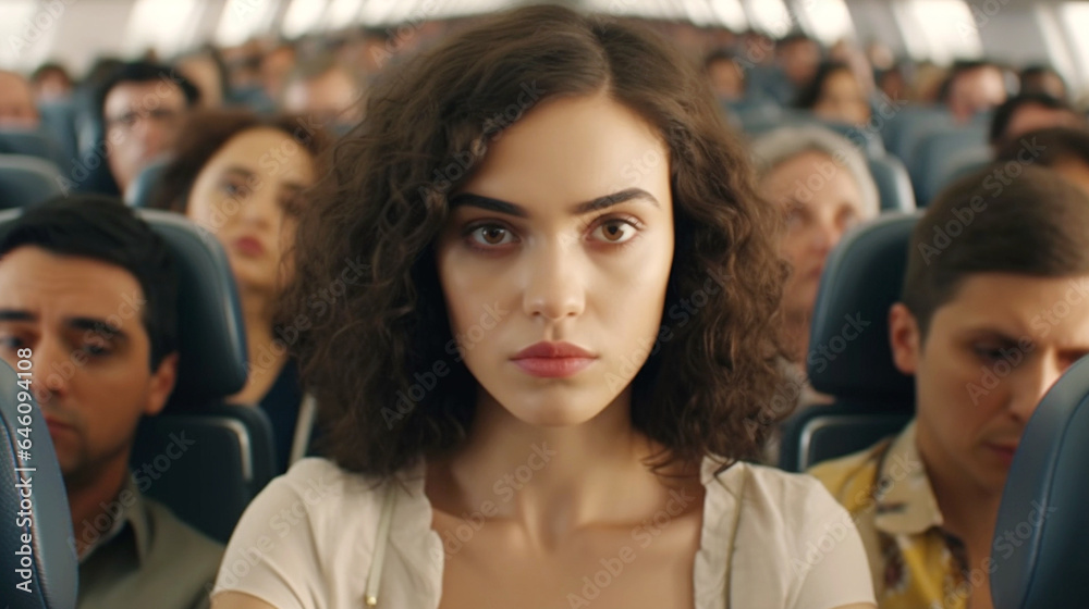 dense crowds in the plane, adult caucasian woman, brunette, sits down in her seat, cramped and cramped between two other passengers, uncomfortable and uncomfortable