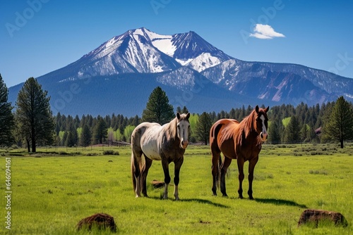 Three horses grazing in a meadow in central Oregon near Sisters with mountains in the background. Generative AI
