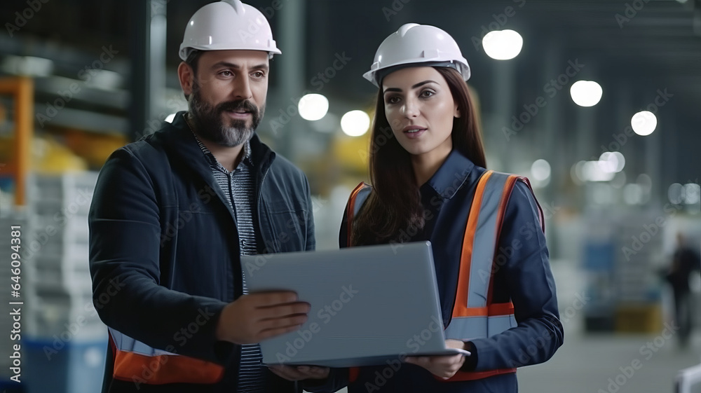Two engineer manager leader and woman assistant holding laptop wearing helmet talking and checking production.