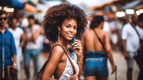 Slim young adult woman, tanned dark skin color, Brazilian Hispanic or South American, slim thin figure, using the cell phone smartphone, smiling curiously