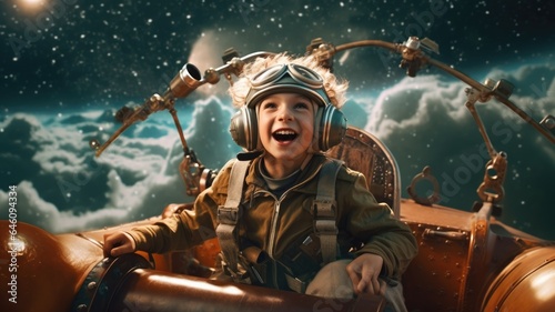 Aviator boy, excited, flying above clouds in the sky. Generative AI image weber.