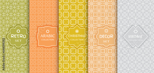 Set of seamless line patterns, colored background. Stylish decorative vintage, retro, arabic, christmas label decor set. Abstract geometric frame, vector illustration. Art Deco style, light colors
