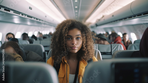 young adult woman, tanned skin tone, attractive friendly friendly, sits down on her seat in the plane while boarding before departure, tourist and travel