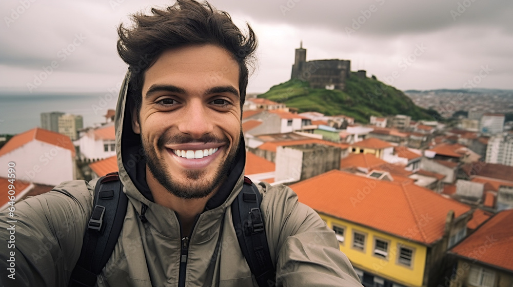 typical tourist, solo traveler, adult young man, smiling happily and in a good mood, traveling or everyday life in the life of a backpacker on a rooftop above an old town, fictional place typical tourist, solo traveler, adult young man, smiling happily and in a good mood, traveling or everyday life in the life of a backpacker on a rooftop above an old town, fictional place