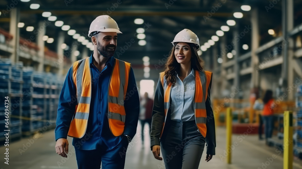 Two professional engineer man and woman manager leader wearing helmet and walking in factory.