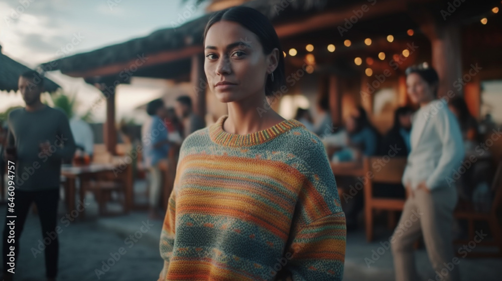 adult woman wearing cozy casual sweater, outside on the sandy beach in the early evening, other tourists and restaurant guests, wooden hut adult woman wearing cozy casual sweater, outside on the sandy beach in the early evening, other tourists and restaurant guests, wooden hut