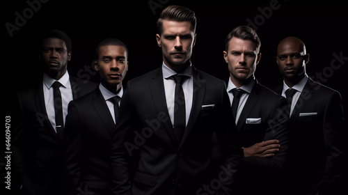 Portrait of a business team in black suits on a black background