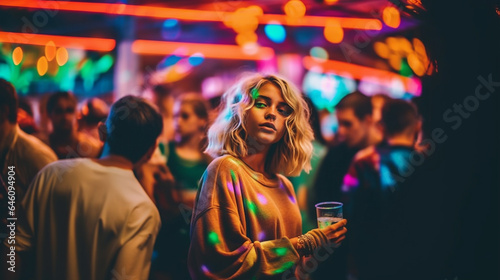 young adult woman, blonde, shoulder-length hair, in a pedestrian zone at a village festival or on the edge of Oktoberfest or nightlife