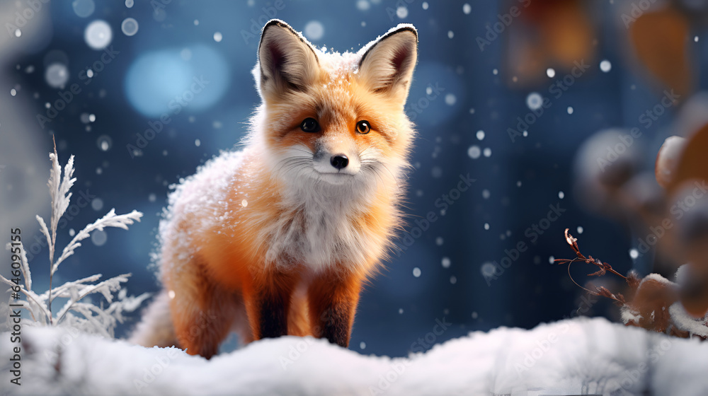 Fototapeta premium Red fox on a background of a snowy, winter forest and copy space. Christmas greeting card.