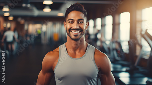 Muscular arabian man in sportswear, smiling and looking at the camera on the background of the gym. Personal trainer. The concept of a healthy lifestyle and sports.