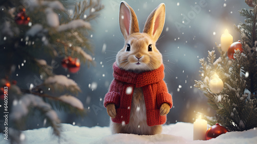 A cute hare with a Christmas red scarf against the backdrop of a fabulous snowy forest with copy space. cartoon illustration. Christmas card.