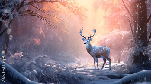 White Reindeer against the backdrop of a fabulous winter, snowy forest, bokeh and copy space. illustration. Christmas card with copy space. © Tetiana