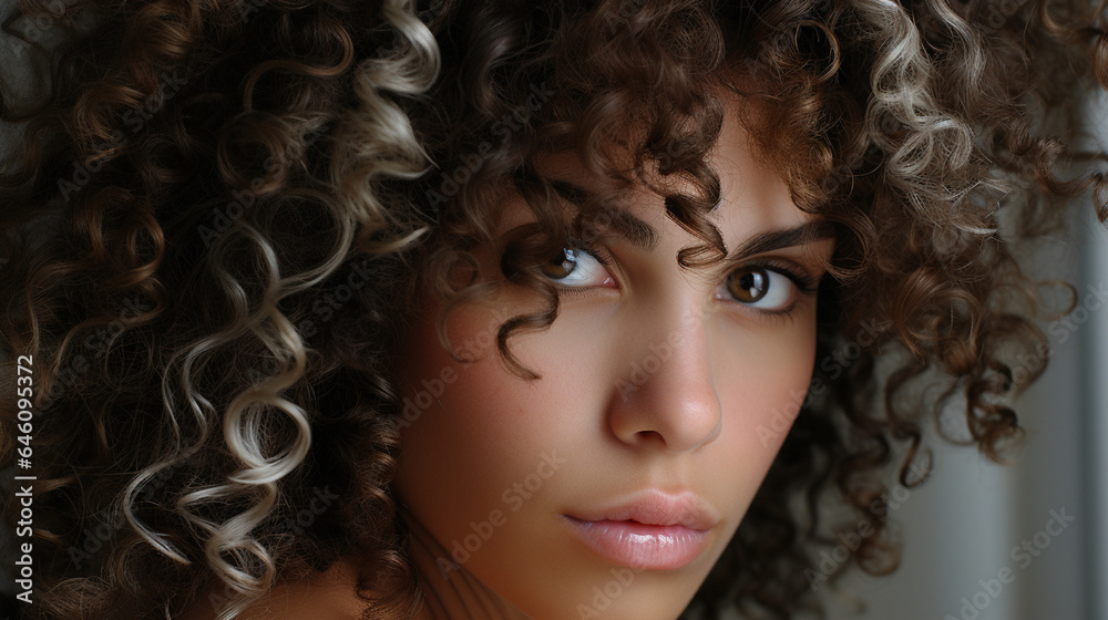 Fototapeta premium Close-up, mature adult woman, make-up for smooth skin, curly hair, dyed strands, tanned skin tone, thoughtful or serious or in a bad mood or having doubts or self-doubt