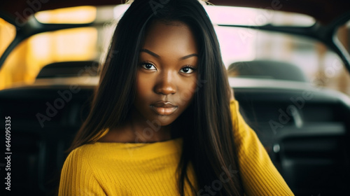 young adult woman, sitting in car in car, yellow sweater, black people or dark skin color or African or Afro-American, introvert or shy or nice and friendly © wetzkaz