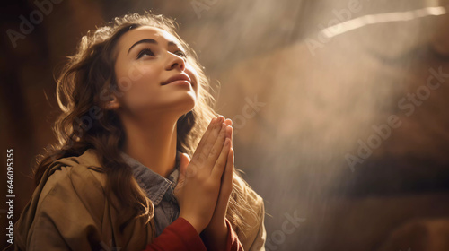 Foto young girl praying in a church