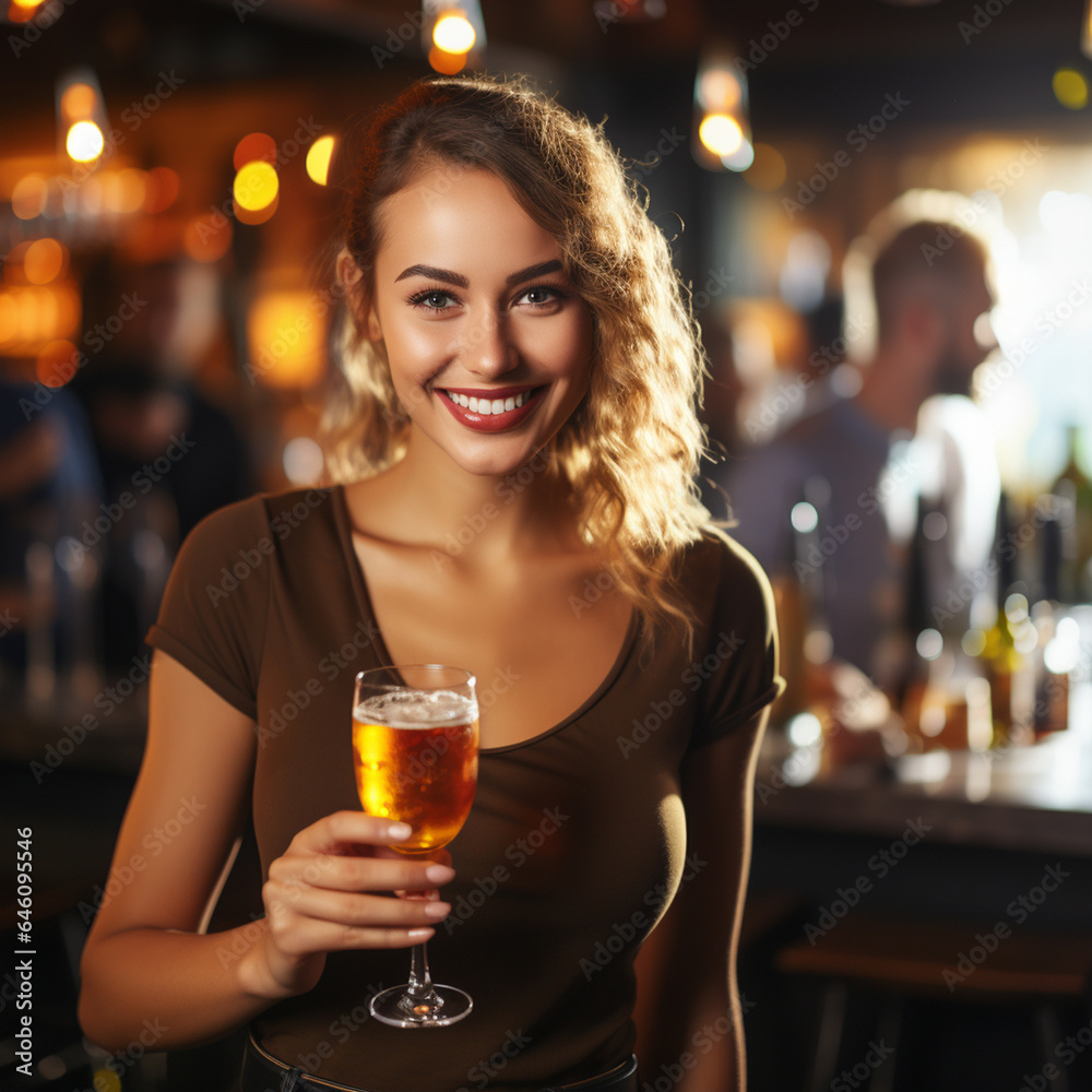 an adult woman, caucasian, slim attractive, smiling in a good mood, holding a glass of a cocktail, in a bar in the nightlife, single and solo, fun and joy, going out