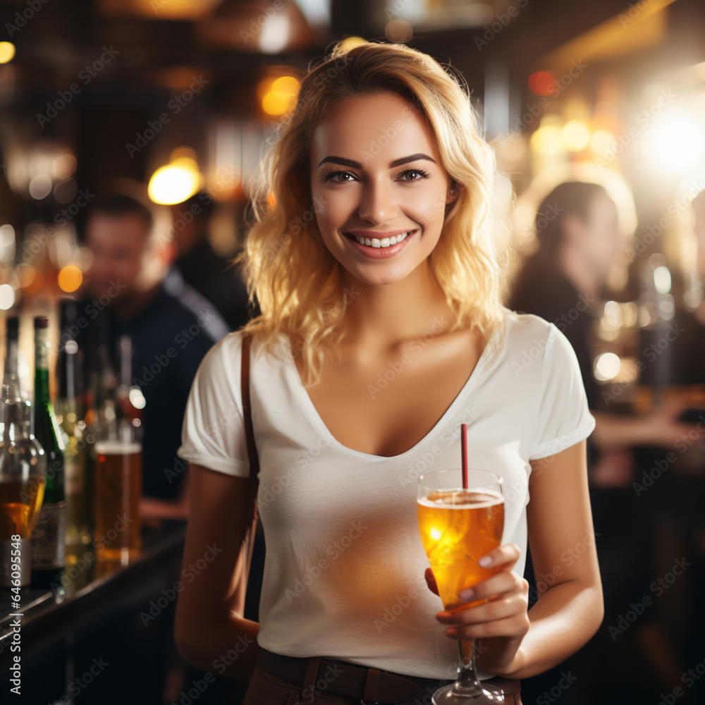 an adult woman, caucasian, slim attractive, smiling in a good mood, holding a glass of a cocktail, in a bar in the nightlife, single and solo, fun and joy, going out an adult woman, caucasian, slim attractive, smiling in a good mood, holding a glass of a cocktail, in a bar in the nightlife, single and solo, fun and joy, going out