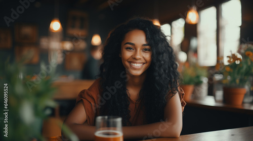 in her free time or after work  young adult woman  tanned skin tone  20s  black long hair  attractive slim beauty  in a bar in the afternoon  with a glass of soft drink