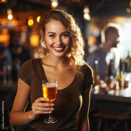 an adult woman  caucasian  slim attractive  smiling in a good mood  holding a glass of a cocktail  in a bar in the nightlife  single and solo  fun and joy  going out