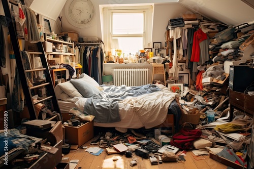 A cluttered bedroom with a messy bed and various items scattered around created with Generative AI technology