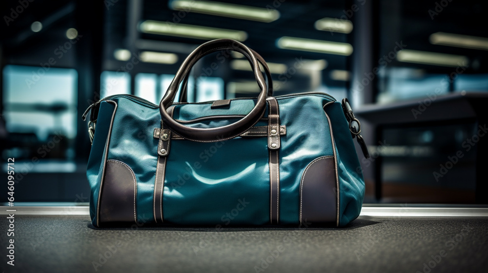 Fototapeta premium Luggage at the airport or train station, a single bag, lost or at the luggage conveyor belt