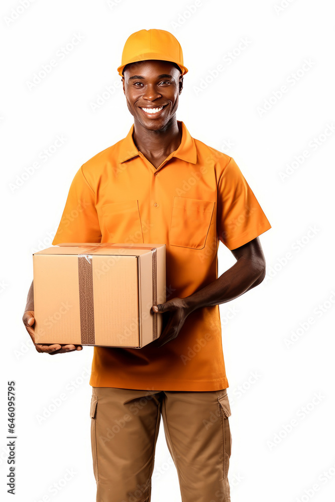 Cute African american man employee of the Parcel delivery company in orange uniform, friendly, with a parcel in her hands.generative ai Cute African american man employee of the Parcel delivery company in orange uniform, friendly, with a parcel in her hands.generative ai