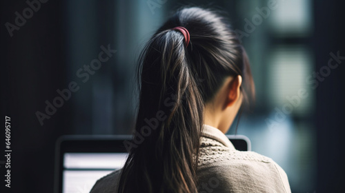 on a laptop computer notebook, rear view of the back of the head with ponytail hairstyle of a teenager, girl teenager, brunette dark black hair, Asian or Arabic or fictional location