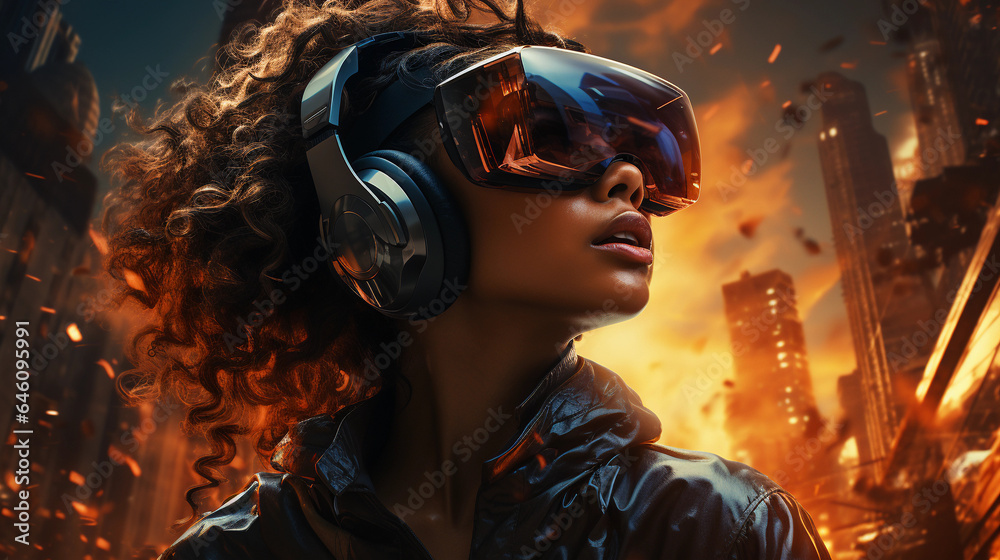 Femme avec un casque de réalité virtuelle dans une mise en scene cinématique avec de l'action