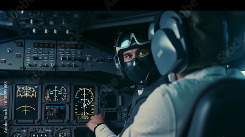 a terrorist, a man is with the pilot in the cockpit of a passenger plane, in the airplane, terror and hijacking of an airplane, terror and terrorist attack, fictional