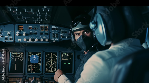 a terrorist, a man is with the pilot in the cockpit of a passenger plane, in the airplane, terror and hijacking of an airplane, terror and terrorist attack, fictional