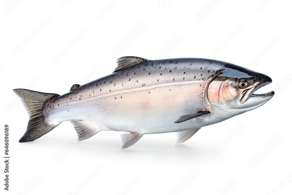 Obraz premium A large Salomon fish with its mouth open on a white background created with Generative AI technology