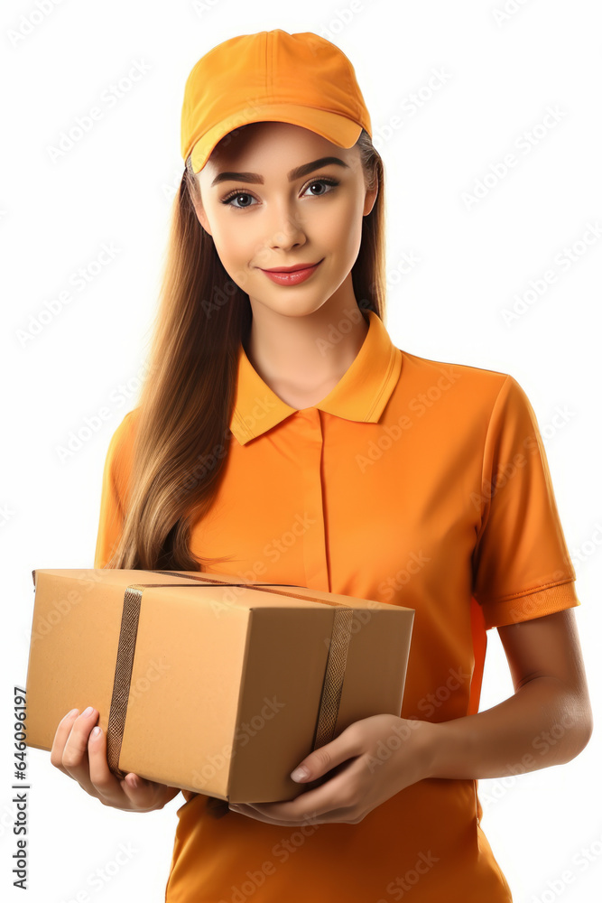 Cute girl employee of the Parcel delivery company in orange uniform, friendly, with a parcel in her hands.generative ai Cute girl employee of the Parcel delivery company in orange uniform, friendly, with a parcel in her hands.generative ai