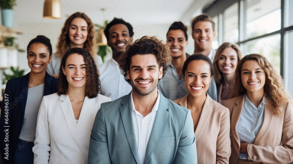 Group of happy multiethnic businesspeople looking at camera and smiling in office Group of happy multiethnic businesspeople looking at camera and smiling in office