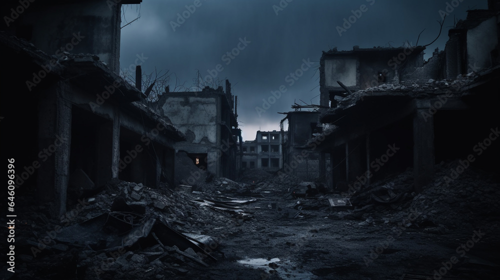 Ruins and rubble, destroyed buildings or demolished houses, walls and walls are destroyed, abandoned city or district and area, darkness at night, war or poverty or earthquake Ruins and rubble, destroyed buildings or demolished houses, walls and walls are destroyed, abandoned city or district and area, darkness at night, war or poverty or earthquake