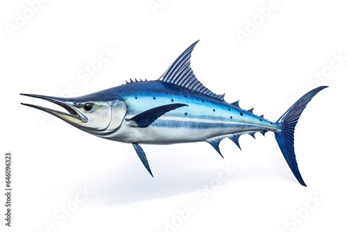 A vibrant blue sword fish against a clean white background created with Generative AI technology © Karlaage