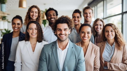 Group of happy multiethnic businesspeople looking at camera and smiling in office